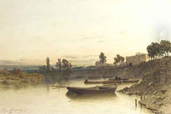 Boats on the river, a house on the riverbank beyond Oil Painting by Eugene Ciceri