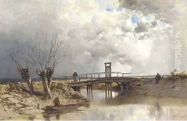 Figures by a wooden bridge Oil Painting by Eugene Ciceri