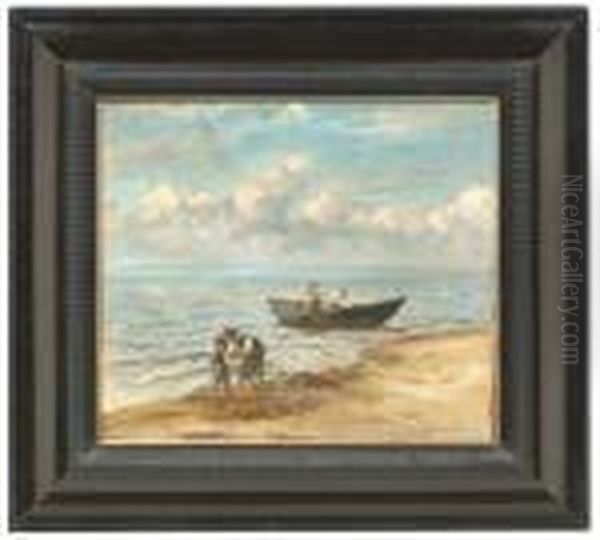 Fishermen At Lakeshore. Oil/canvas, Signed Oil Painting by Albert Kappis