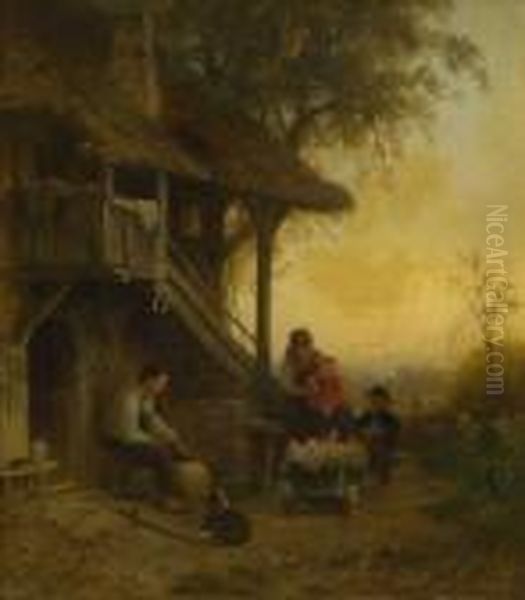 Bauernfamilie Vor Dem
 Haus. Oil Painting by Albert Kappis