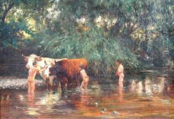 Washing Cattle In The River In India Oil Painting by Carl Friedrich Kappstein