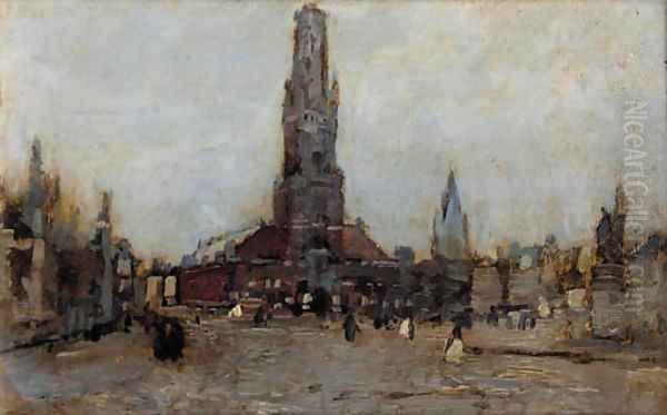 A square in Bruges Oil Painting by Guglielmo Ciardi