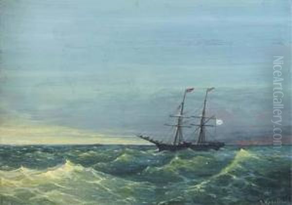 A Russian Merchant Brig In Rough Seas Oil Painting by Grigorij Kapustin