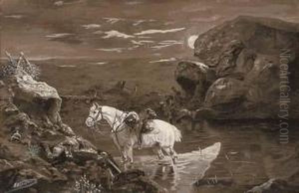 Horse Watering At The Edge Of A Battlefield Oil Painting by Nikolai Nikolaevich Karazin