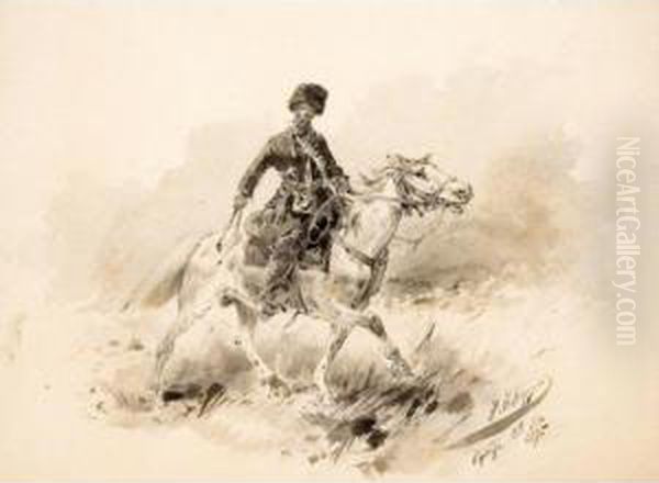 Cossack On Horseback Oil Painting by Nikolai Nikolaevich Karazin