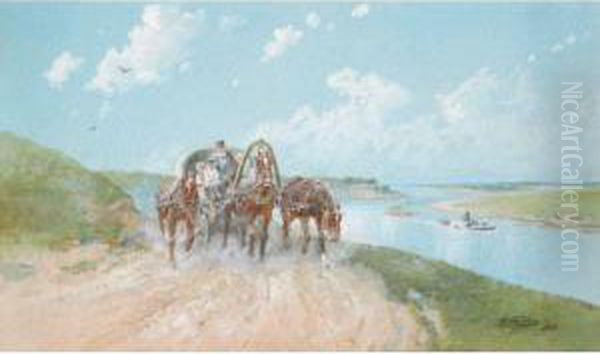 Troika By The River Oil Painting by Nikolai Nikolaevich Karazin