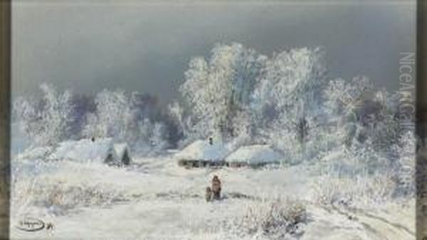 Russian Village In The Depth Of Winter Oil Painting by Nikolai Nikolaevich Karazin