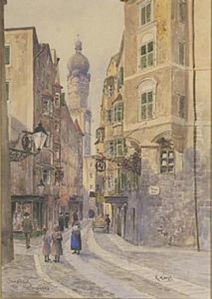 A Street Scene Ininnsbruck Oil Painting by Rudolf Kargl