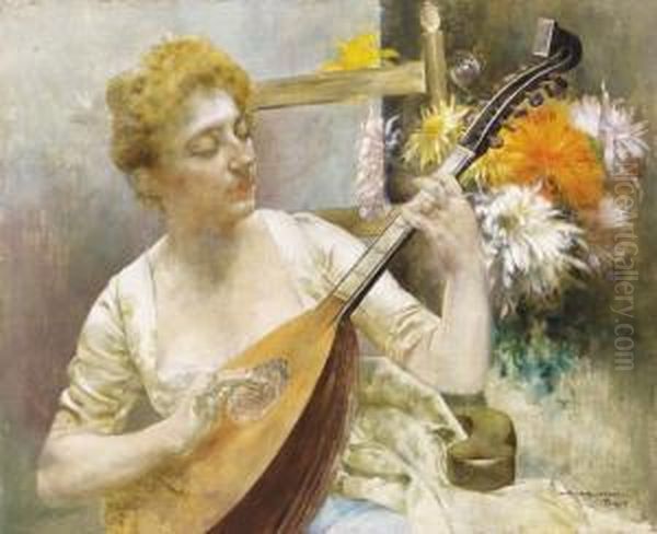 Parisian Woman With Mandolin Oil Painting by Bertalan Karlovszky