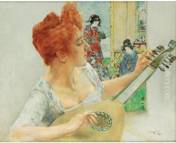 Joueuse De Mandoline A L'estampe
 Japonaise [, Mandolin Player With Japanese Print; Oil On Canvas, Signed
 And Located Paris.] Oil Painting by Bertalan Karlovszky