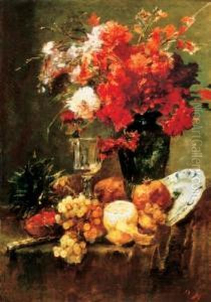 Flower And Fruit Still Life With Delft Plate, About 1882 Oil Painting by Bertalan Karlovszky