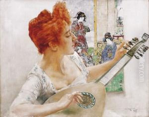 Woman With A Mandolin Oil Painting by Bertalan Karlovszky