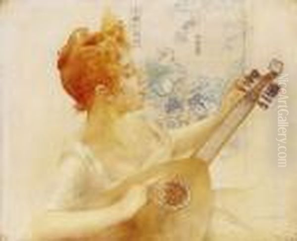 Red-haired Lady With A Mandolin Oil Painting by Bertalan Karlovszky