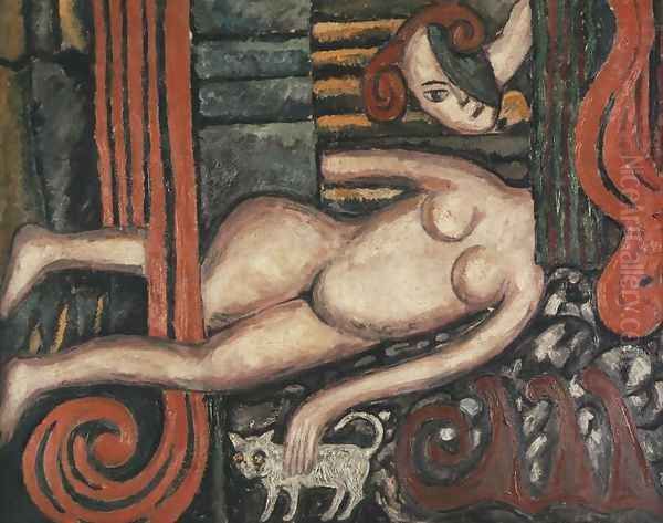 Nude with a Cat Oil Painting by Tytus Czyzewski