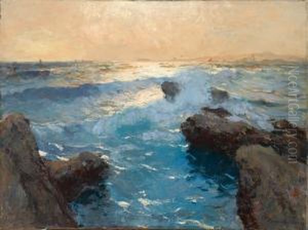 A Rocky Coastline With Crashing Waves Oil Painting by Eugen Karpathy