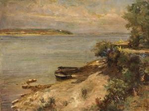 Moored Rowboats Oil Painting by Eugen Karpathy