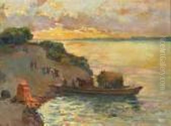 Sunset Coast With Figures Disembarking A Barge Oil Painting by Eugen Karpathy