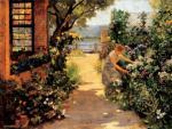 Flowery Garden By The Lake Oil Painting by Eugen Karpathy