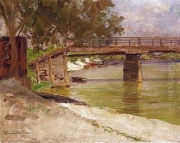 Riverside With Boats Oil Painting by Eugen Karpathy