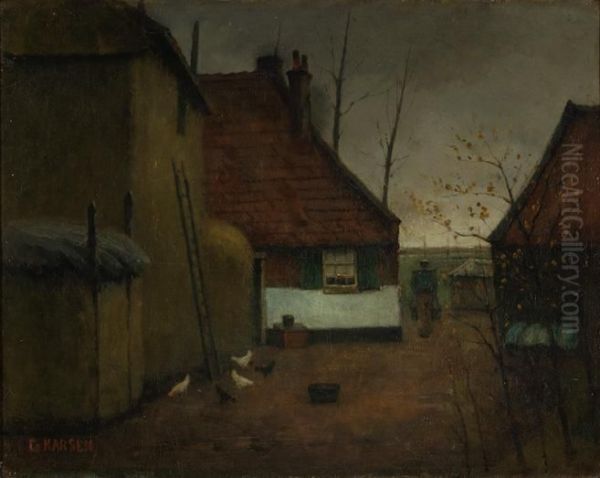 A Farmer And His Chickens On A Farmyard Oil Painting by Eduard Karsen