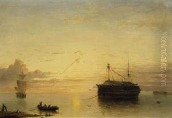 Two Ships In The Port Entrance. Calm Evening Mood. Signed Lower Left: K. Karsen Oil Painting by Kasparus Karsen