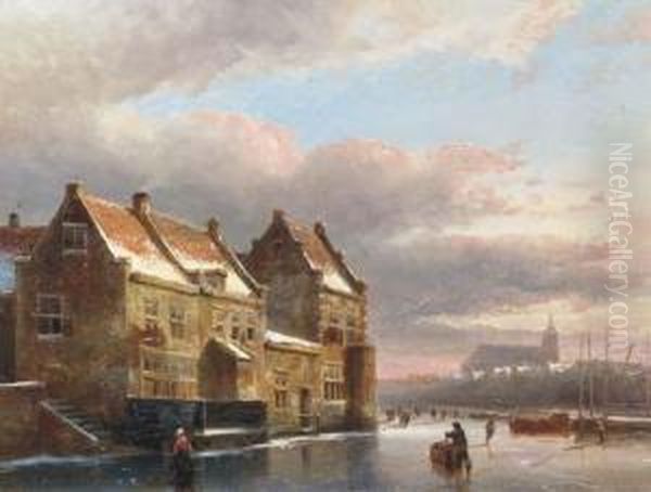 Figures On A Frozen City Canal At Dusk Oil Painting by Kasparus Karsen