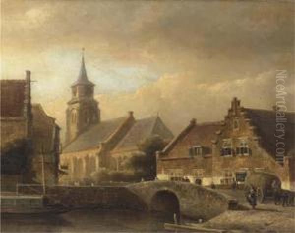 Figures Crossing A Bridge In A Dutch Town Oil Painting by Kasparus Karsen