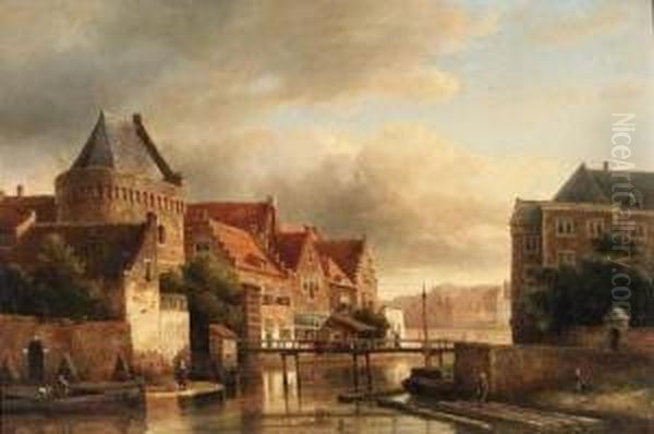 A View In A Town With Figures Along A River Oil Painting by Kasparus Karsen