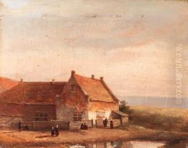 Fisherwomen Standing By A House In The Dunes Oil Painting by Kasparus Karsen