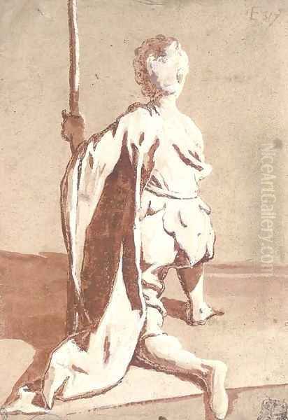 A kneeling young man seen from behind, holding a staff Oil Painting by Sigismondo Caula