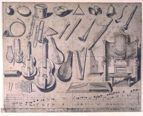 Various musical instruments: the percussion, the stringed and wind instruments, the organ, 20th century Oil Painting by Daniel Nikolaus Chodowiecki