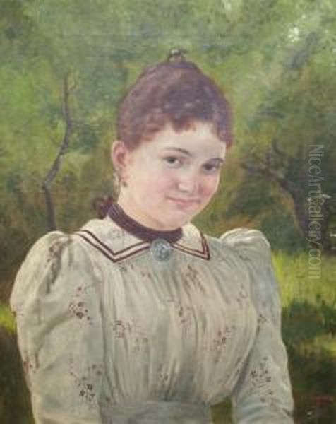 Austrian -- Portrait Of A Lady Half-length In A White Dress With Woodland Beyond Oil Painting by Eduard Kasparides