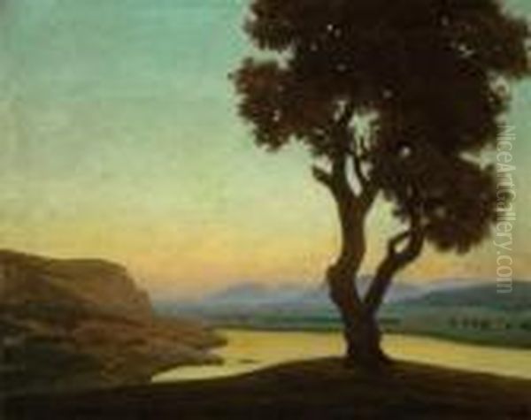 Lake Landscape With A Large Tree Oil Painting by Eduard Kasparides