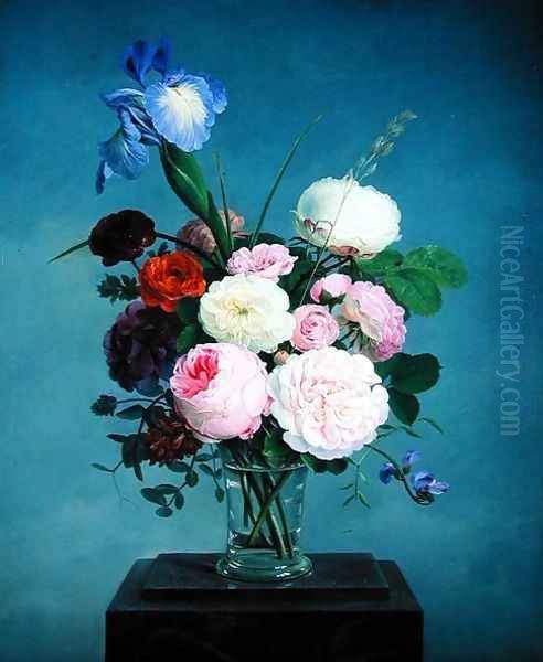 Roses and an Iris in a Glass Vase on a Marble Plinth Oil Painting by Johannes Ludwig Camradt