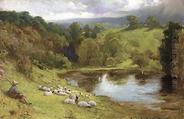 A shepherd resting with his flock by a lake Oil Painting by Lance Calkin