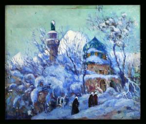 Blue Mosque In Winter Oil Painting by Sarkis Katchadourian