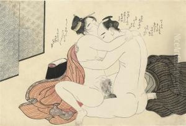 A Naked Couple, Circa 1790, Very
 Good Impression, Very Good Colour (the Fugitive Blue Is Still Present) 
Good Condition, A Waterstain In The Top Left Oil Painting by Katsukawa Shuncho