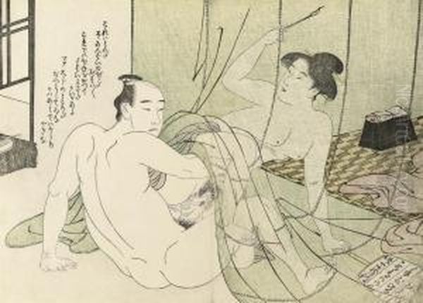 From An Untitled Series, Showing
 A Man And His Lover Under Mosquito Netting, While She Holds Incense To 
Repel The Insects, Circa 1786, Very Good Impression, Colour And 
Condition, A Centrefold; And Another Depicting A Long-haired Beauty 
Looking In  Oil Painting by Katsukawa Shuncho