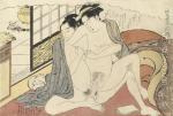 A Woman Mounts Her Younger 
Lover, While Touching Her Nipple, From The Series Koshoku Zue Juniko 
(erotic Prints For The Twelve Months) Oil Painting by Katsukawa Shuncho