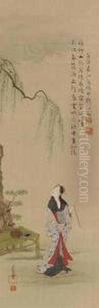 Beauty Smoking Beneath Willow Tree Oil Painting by Katsukawa Shuncho