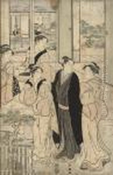 A Print Depicting A Gentleman And Group Of Courtesans On A Terrace Oil Painting by Katsukawa Shuncho