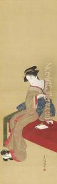 Beauty Holding A Pipe Oil Painting by Katsukawa Shuncho