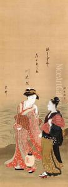 Geisha And Attendant By A River Oil Painting by Katsukawa Shuncho