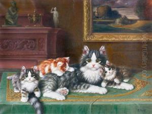 Interieur Mit Katzenmutter Und Drei Jungen. Oil Painting by Burkhard Katzen-Flury