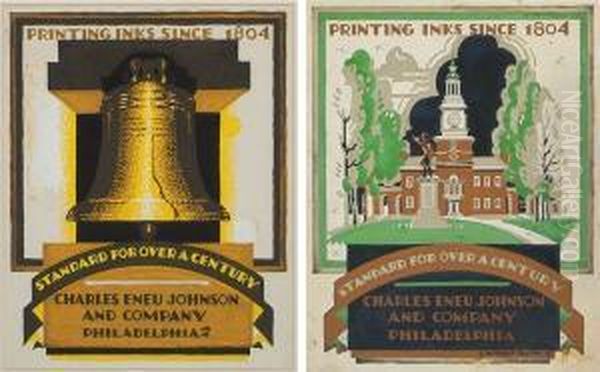 Two Advertisements: Liberty Bell With Freedom Hall. Oil Painting by Edward Mcknight Kauffer