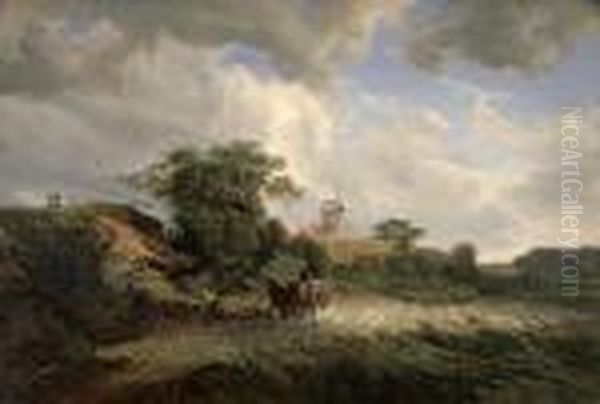 Friesische Landschaft Mit Bockswindmuhle Unter Wolkenverhangenem Himmel Oil Painting by Hermann Kauffmann