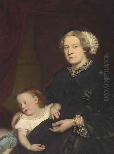 Portrait of a mother and child, seated three-quarter-length, the mother in a black dress with lace trimming, her daughter by her side Oil Painting by Hugh Collins