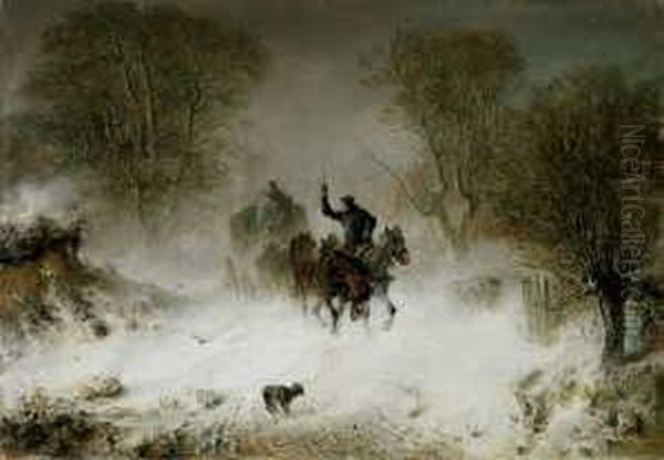 Der Vorspann. Winterlandschaft Mit Von Sechs Pferden Gezogener Postkutsche. Oil Painting by Hermann Kauffmann