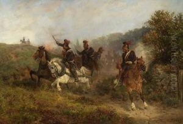 Angreifende Artillerie. Oil Painting by Hermann Kauffmann