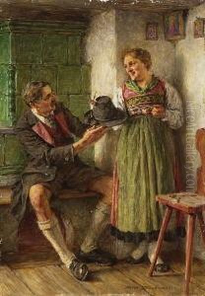 Dirndl Und Bursch In Der
 Stube. Oil Painting by Hermann Ii Kauffmann